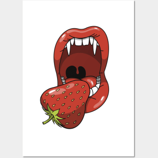 Mouth with vampire teeth about to take a bite into a strawberry Posters and Art